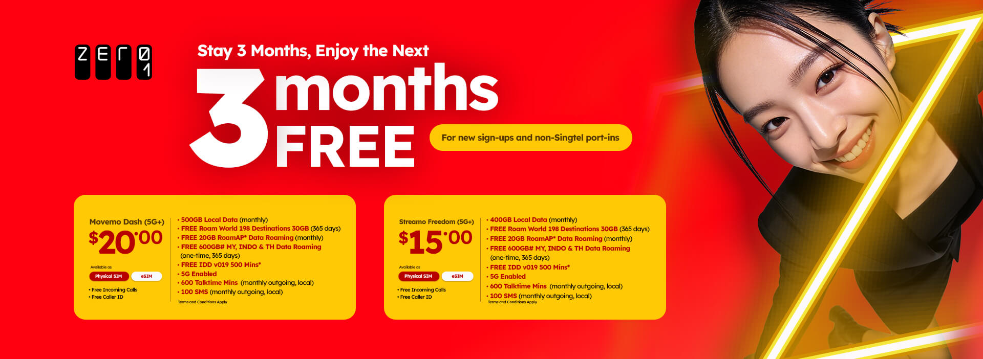 Zero1 promotion banner offering 3 months free for new sign-ups and non-Singtel port-ins, featuring Movemo Dash and Streamo Freedom plans with pricing and benefits.