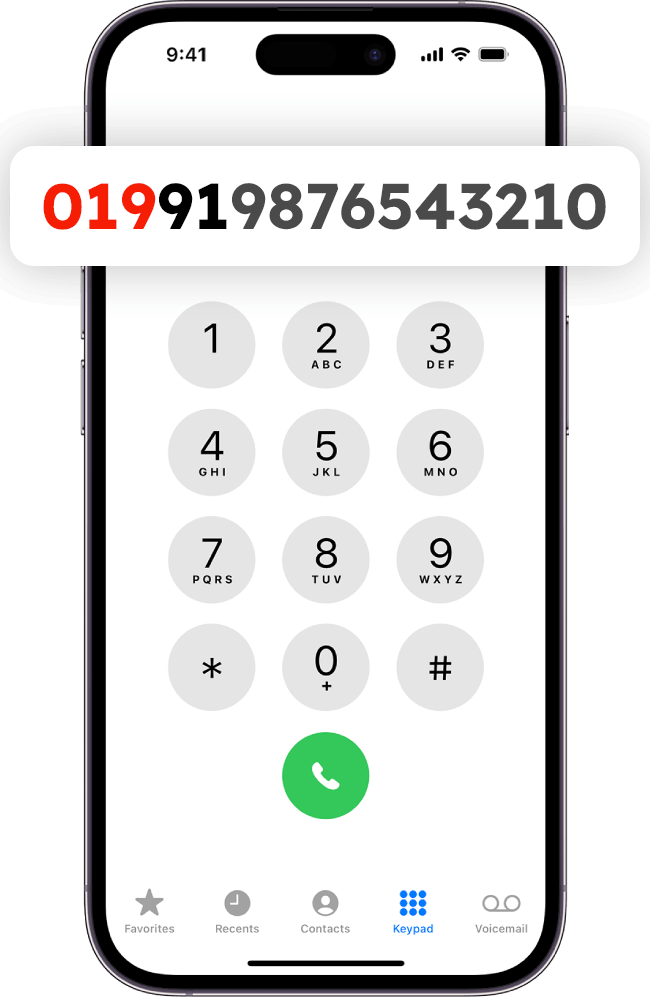 Example of making a 019 IDD call using a mobile phone